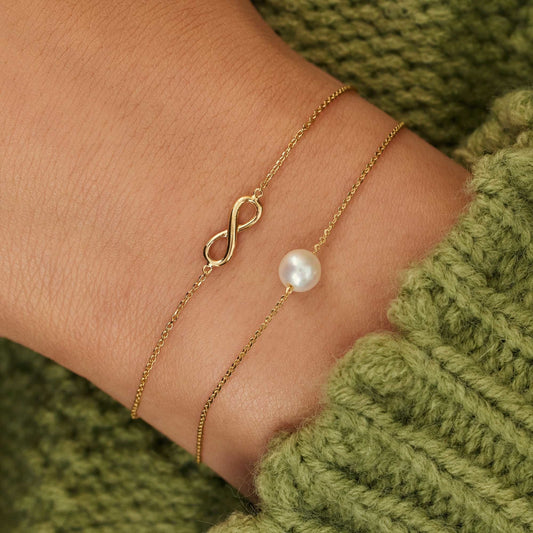Regalo d'Amore 9 karat gold bracelets gift set with freshwater pearl and infinity sign - Beloro jewels